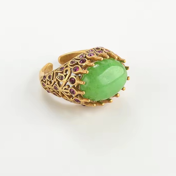 Imperial Jade Emerald Dynasty Antique Brass Masterpiece Ring - Picture 3 of 6